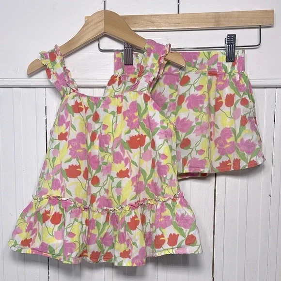 JANIE & JACK VGUC 100% Cotton Tulip Print Peplum Blouse Elastic Shorts Set